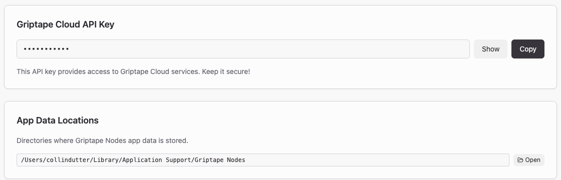 The Griptape Cloud API Key and App Data Locations sections