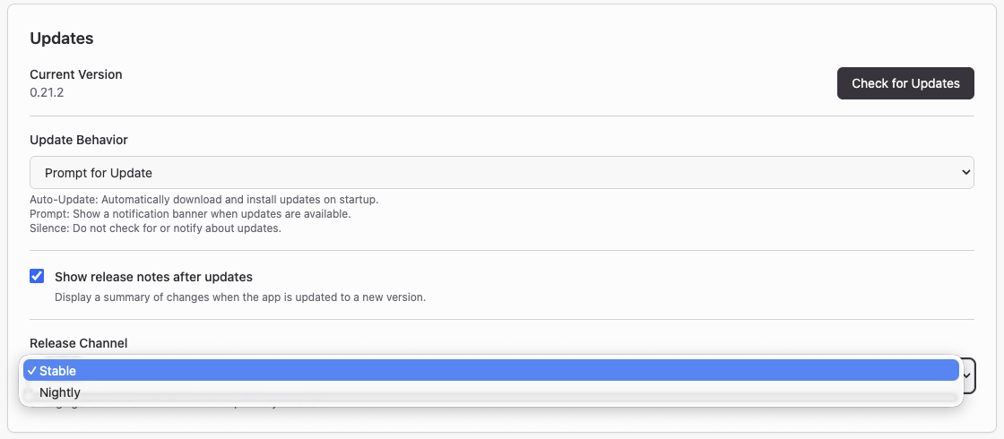 The Release Channel dropdown, showing Stable and Nightly