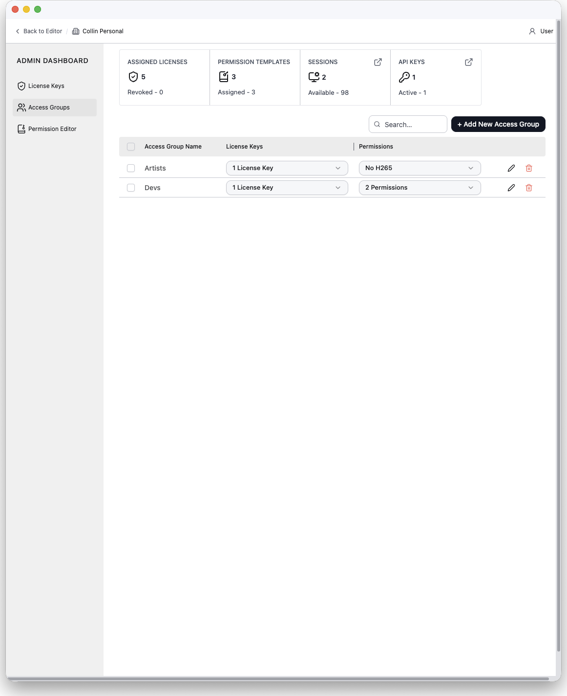 The Access Groups section
