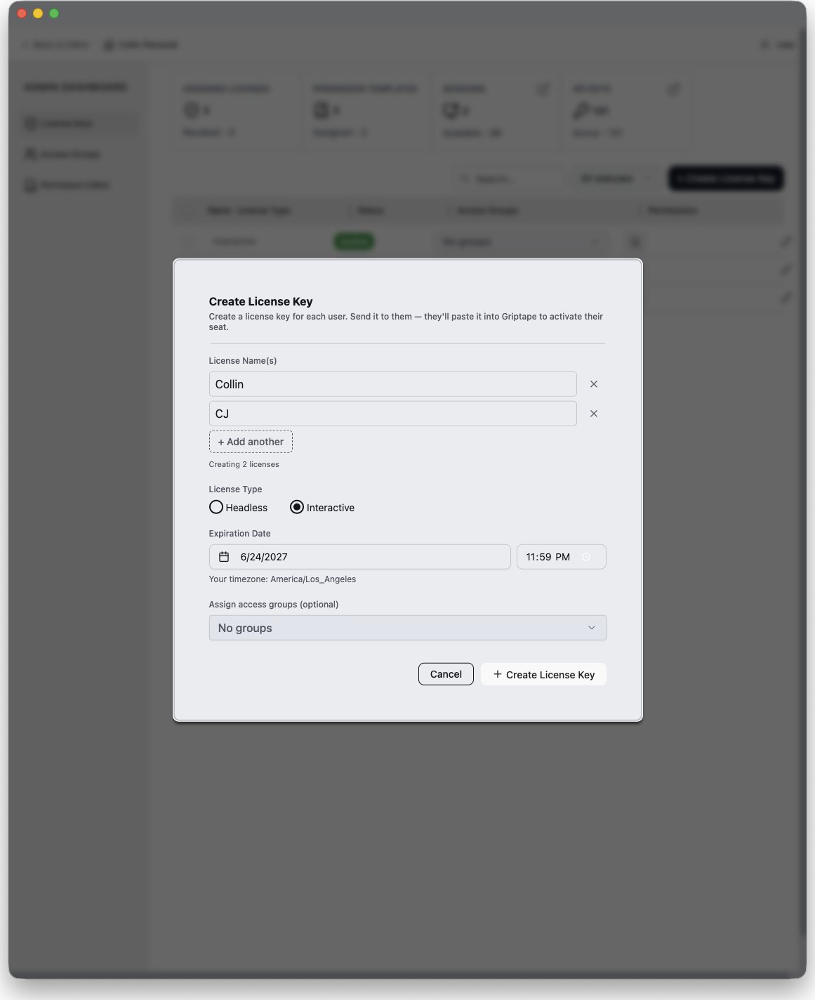 The Create License Key dialog