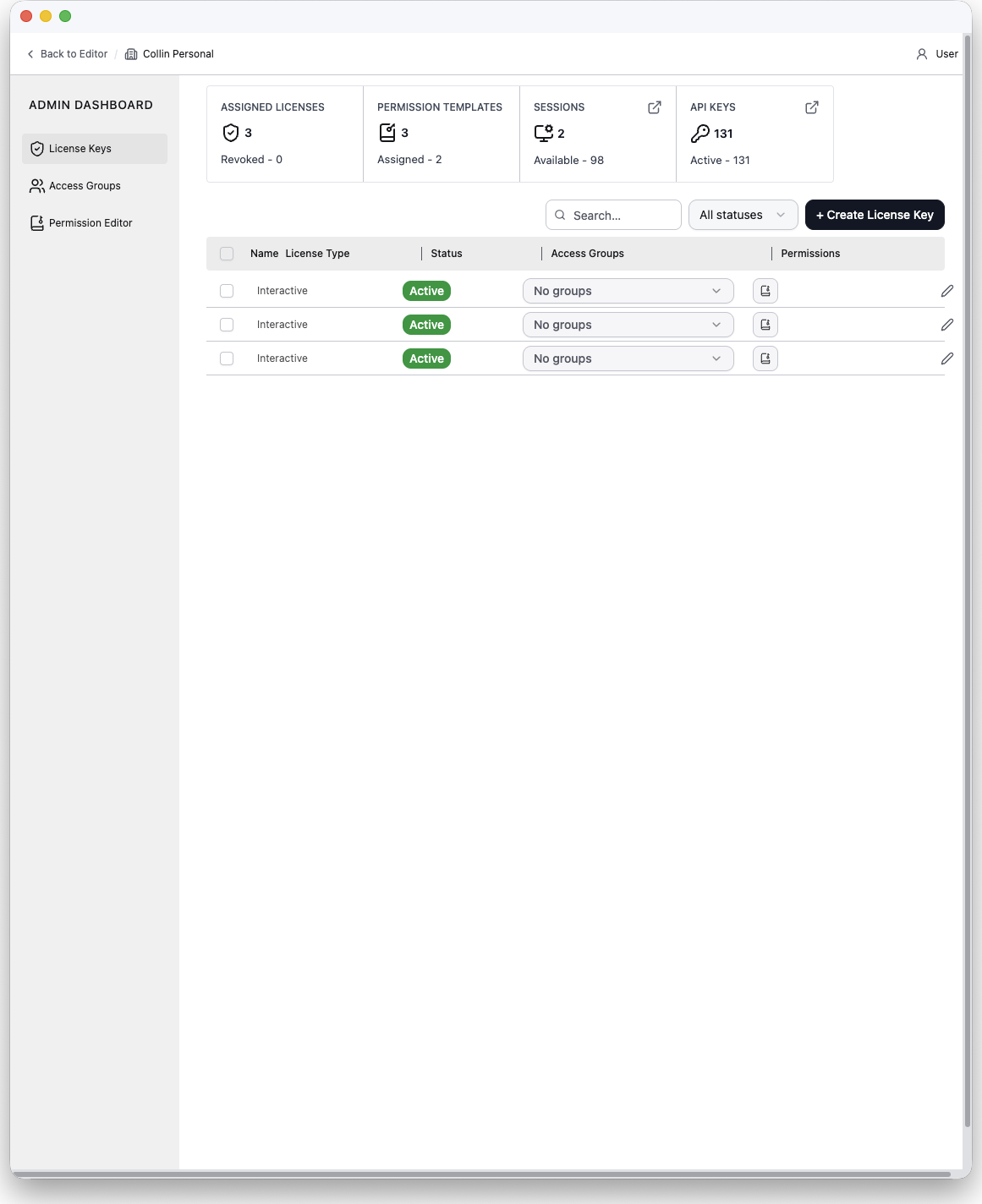 The License Keys section with the stats bar and license table