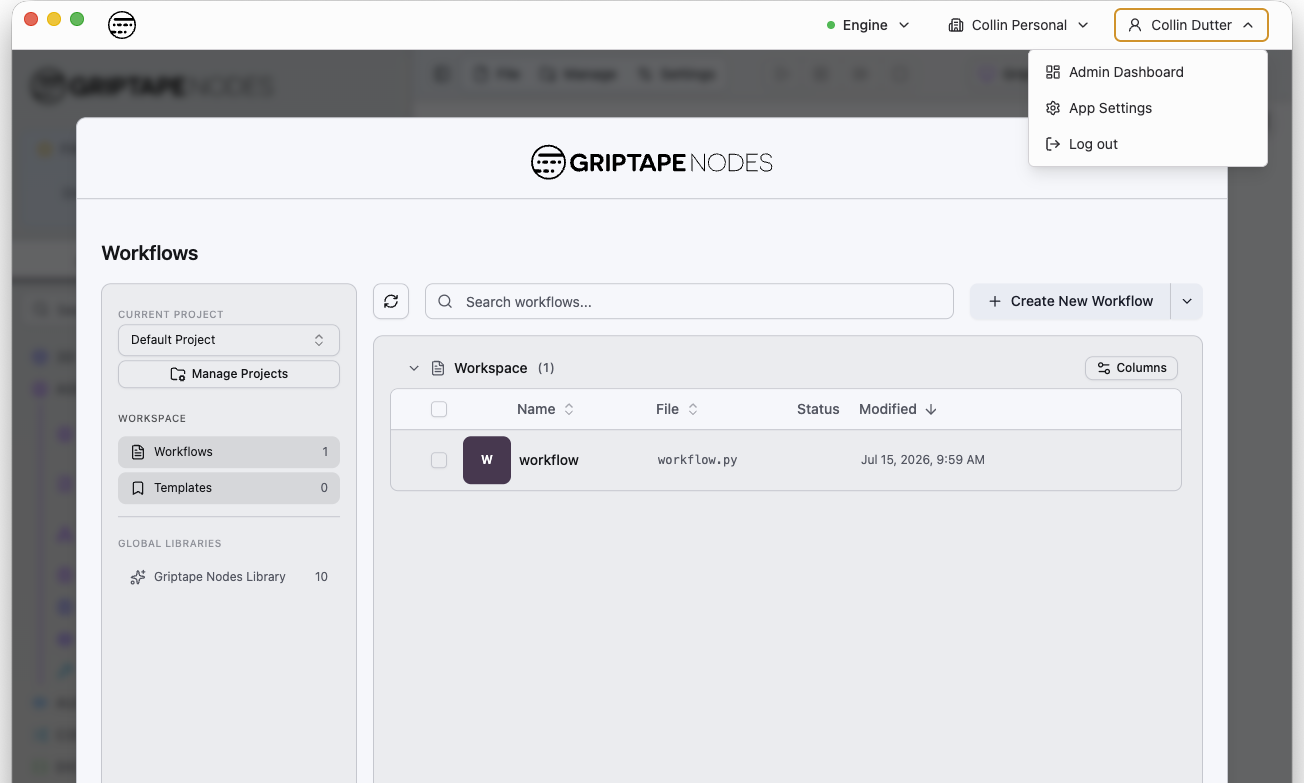 The desktop app profile menu with the Admin Dashboard item