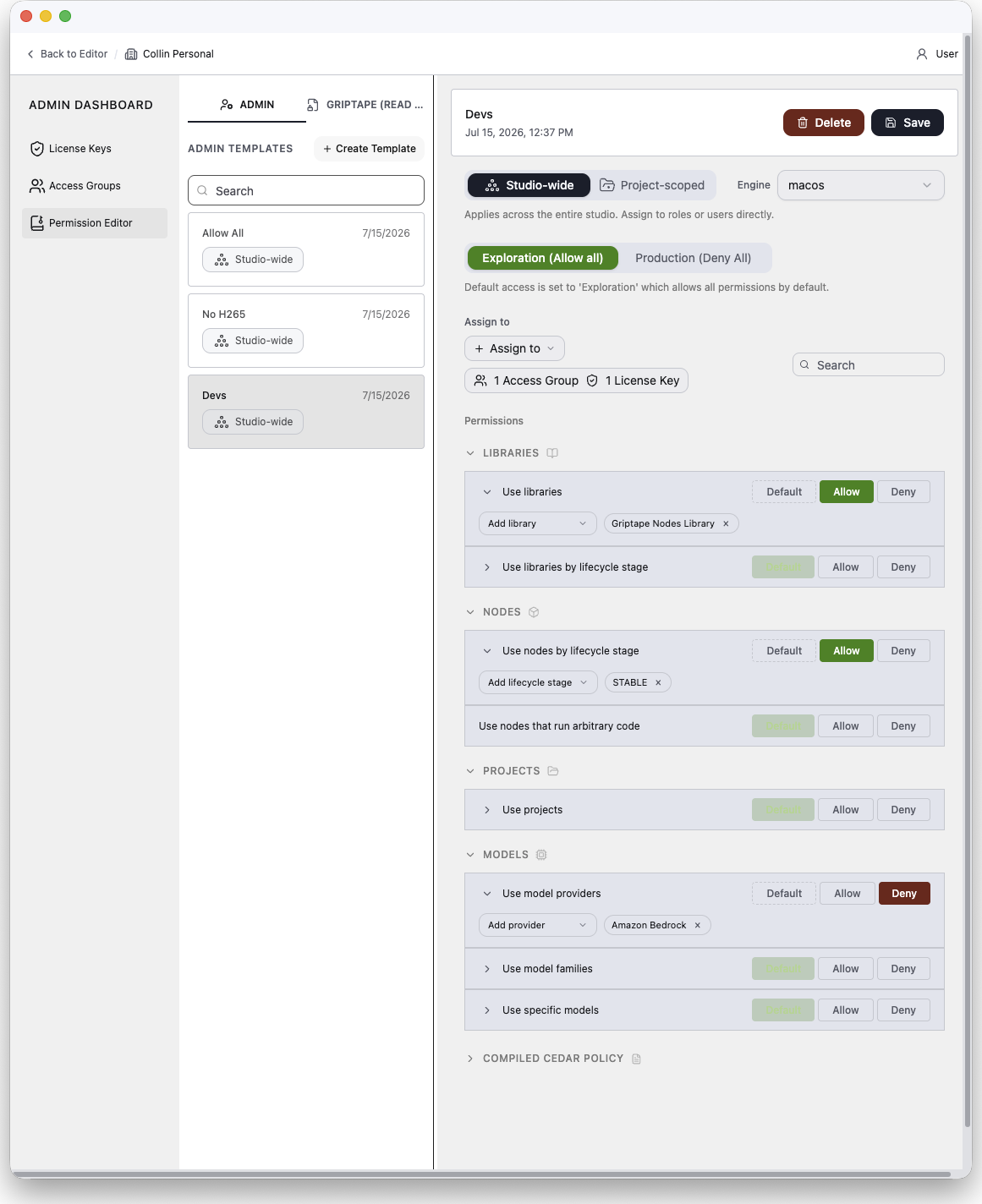 A builder template showing posture, assignments, and the permission list