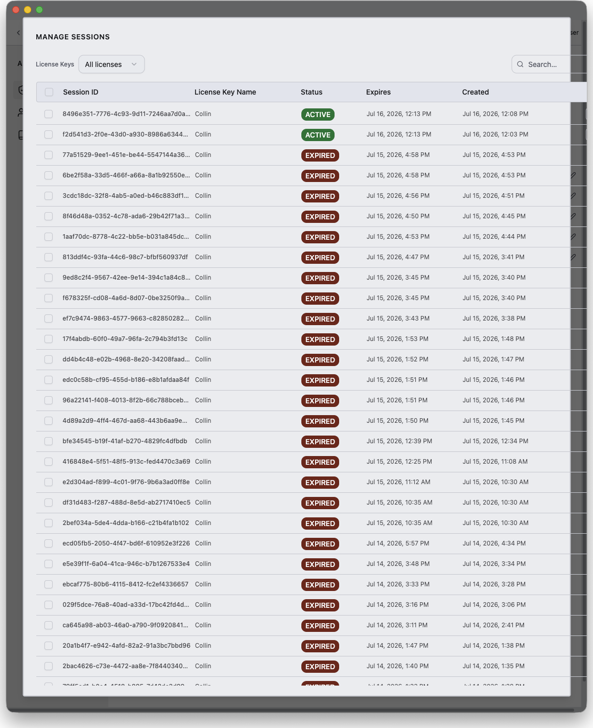 The Sessions modal listing active sessions