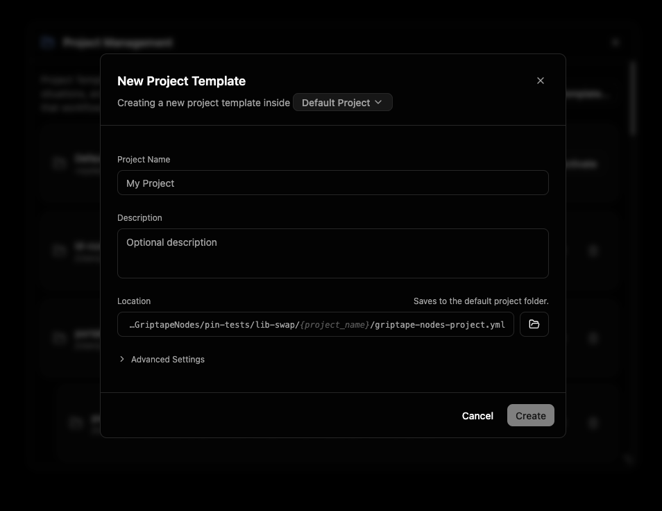 The New Project Template dialog with a name and description filled in