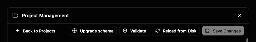 The detail-view toolbar with Back to Projects, Validate, Reload from Disk, and Save Changes