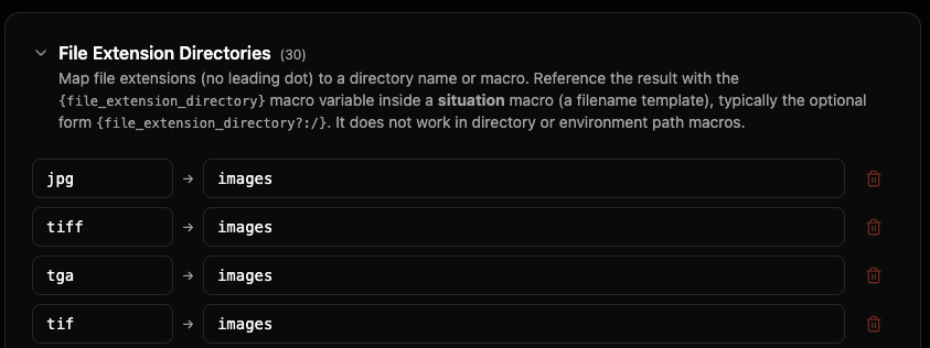The File Extension Directories section expanded, showing extension-to-folder mappings