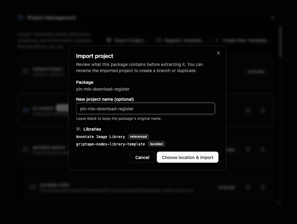 The Import project dialog showing package contents, the rename field, bundled libraries, and required secrets