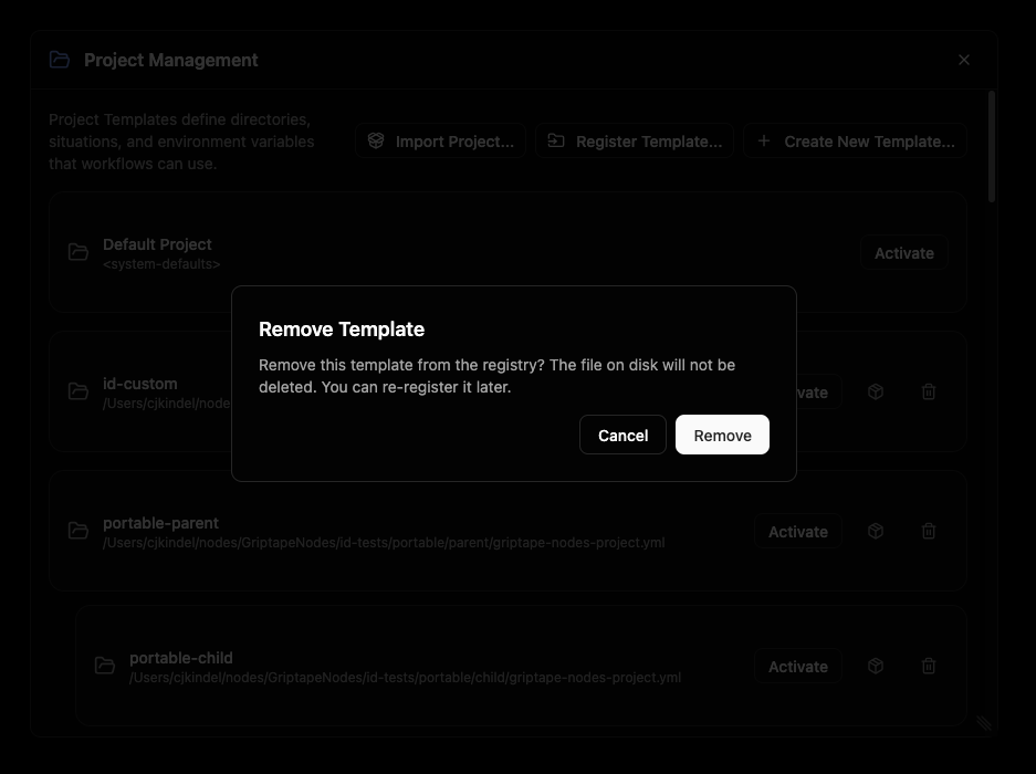The Remove Template confirmation dialog