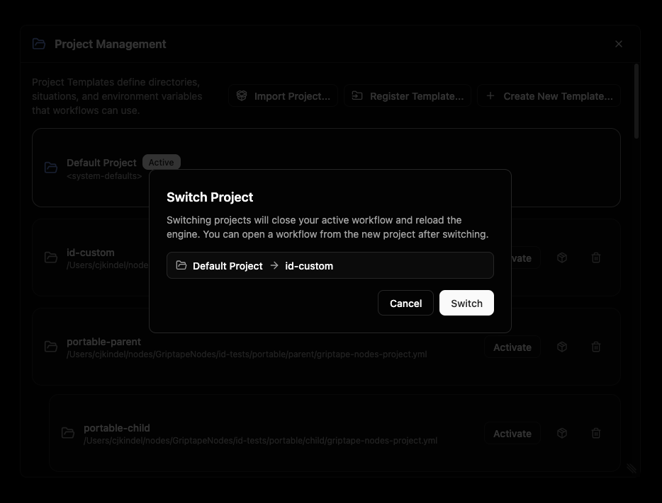 The Switch Project confirmation dialog showing the from and to projects