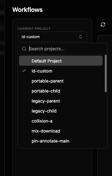 The project picker dropdown open, listing projects with a checkmark on the active one