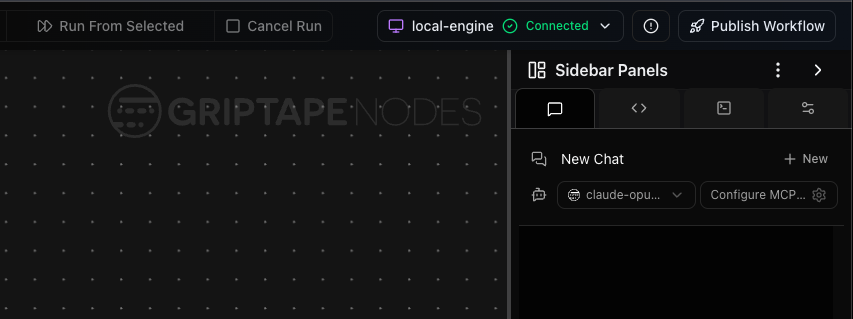 The Publish Workflow button in the top toolbar, at the far right above the sidebar panels, next to the engine status indicator