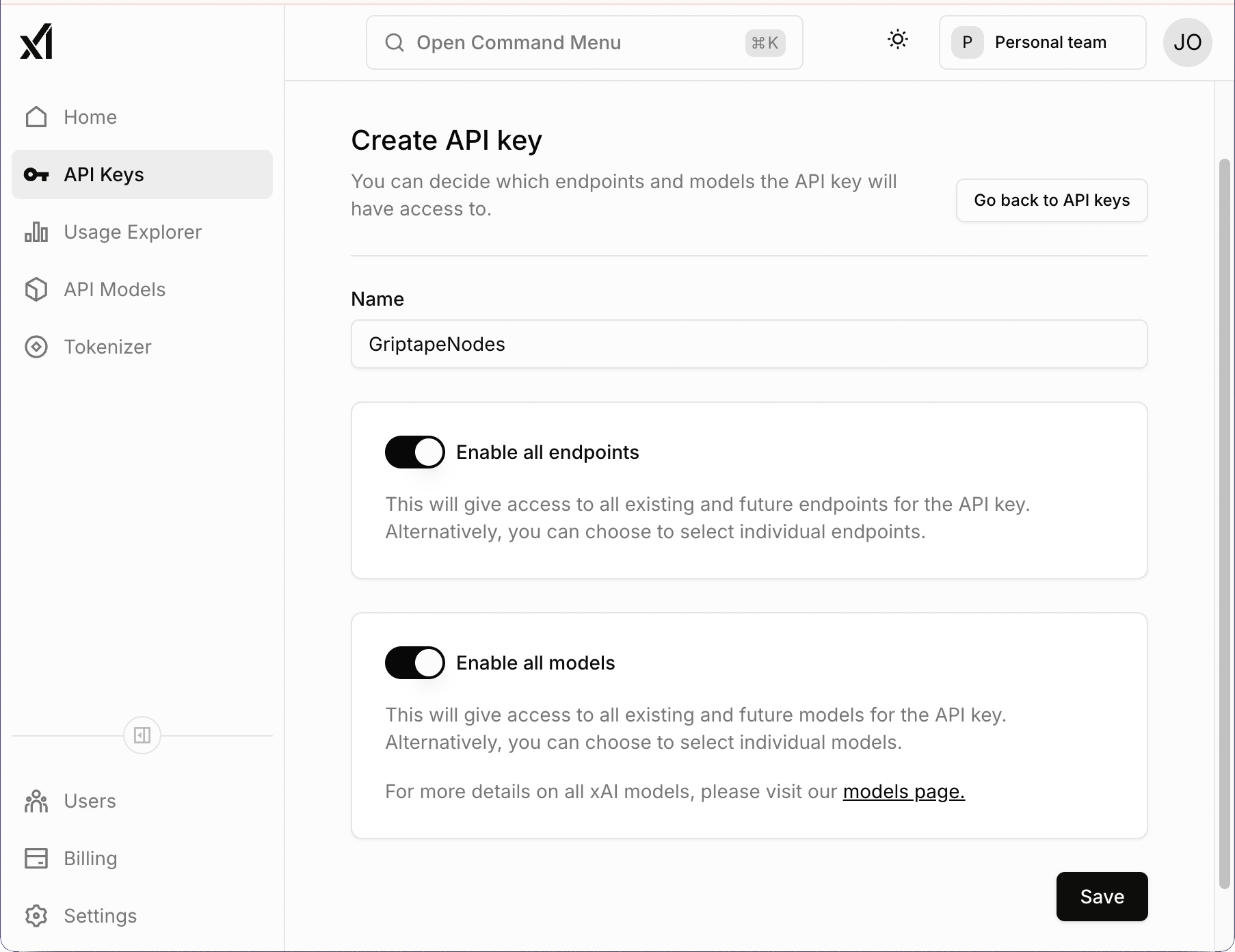 Create API Key Page