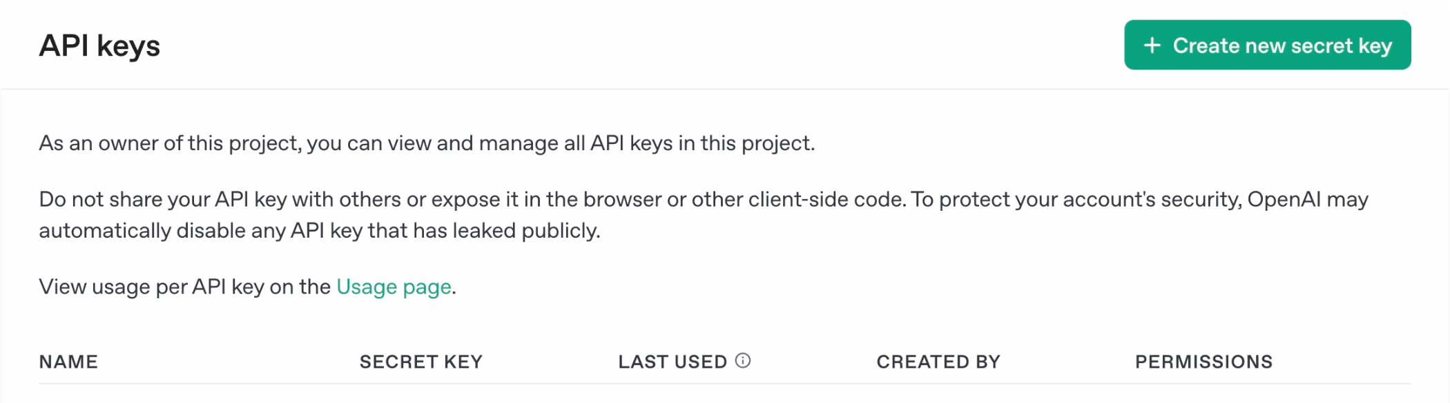 Create New Secret Key Button